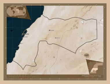 Dakhla-Oued Ed-Dahab, Batı Sahra ili. Düşük çözünürlüklü uydu. Bölgenin büyük şehirlerinin yerleri ve isimleri. Köşedeki yedek konum haritaları