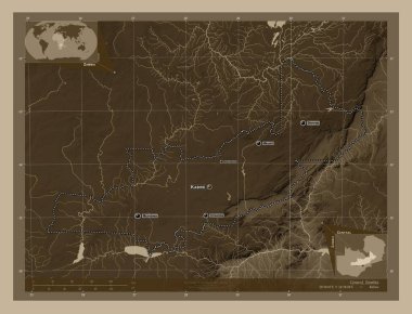 Merkez, Zambiya bölgesi. Yükseklik haritası sepya tonlarında göller ve nehirlerle renklendirilmiş. Bölgenin büyük şehirlerinin yerleri ve isimleri. Köşedeki yedek konum haritaları