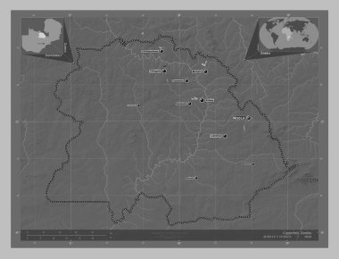 Bakır kemer, Zambiya vilayeti. Gölleri ve nehirleri olan gri tonlama yükseklik haritası. Bölgenin büyük şehirlerinin yerleri ve isimleri. Köşedeki yedek konum haritaları