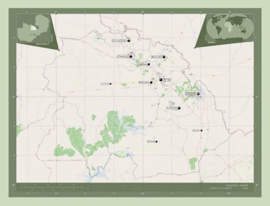 Bakır kemer, Zambiya vilayeti. Açık Sokak Haritası. Bölgenin büyük şehirlerinin yerleri ve isimleri. Köşedeki yedek konum haritaları