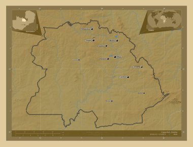 Bakır kemer, Zambiya vilayeti. Gölleri ve nehirleri olan renkli yükseklik haritası. Bölgenin büyük şehirlerinin yerleri ve isimleri. Köşedeki yedek konum haritaları
