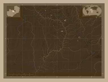Bakır kemer, Zambiya vilayeti. Yükseklik haritası sepya tonlarında göller ve nehirlerle renklendirilmiş. Köşedeki yedek konum haritaları