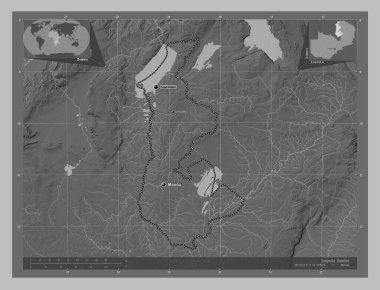 Luapula, Zambiya vilayeti. Gölleri ve nehirleri olan gri tonlama yükseklik haritası. Bölgenin büyük şehirlerinin yerleri ve isimleri. Köşedeki yedek konum haritaları