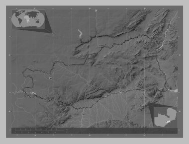 Lusaka, Zambiya vilayeti. Gölleri ve nehirleri olan gri tonlama yükseklik haritası. Köşedeki yedek konum haritaları