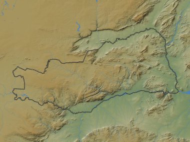 Lusaka, Zambiya vilayeti. Gölleri ve nehirleri olan renkli yükseklik haritası