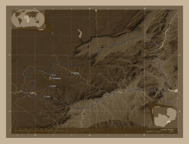 Lusaka, Zambiya vilayeti. Yükseklik haritası sepya tonlarında göller ve nehirlerle renklendirilmiş. Bölgenin büyük şehirlerinin yerleri ve isimleri. Köşedeki yedek konum haritaları