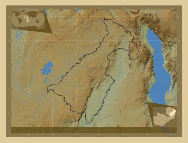 Muchinga, Zambiya vilayeti. Gölleri ve nehirleri olan renkli yükseklik haritası. Köşedeki yedek konum haritaları