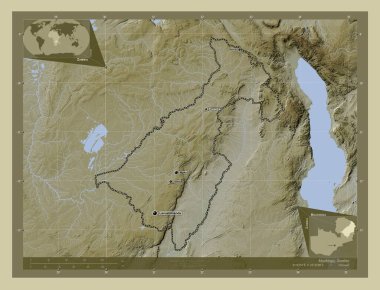 Muchinga, Zambiya vilayeti. Yükseklik haritası göller ve nehirlerle wiki tarzında renklendirilmiş. Bölgenin büyük şehirlerinin yerleri ve isimleri. Köşedeki yedek konum haritaları