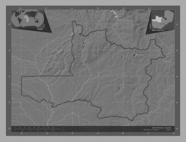 Kuzey-Batı, Zambiya vilayeti. Göllü ve nehirli çift katlı yükseklik haritası. Bölgenin büyük şehirlerinin yerleri ve isimleri. Köşedeki yedek konum haritaları