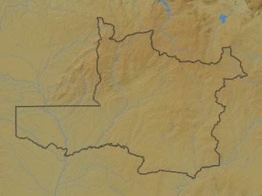 Kuzey-Batı, Zambiya vilayeti. Gölleri ve nehirleri olan renkli yükseklik haritası