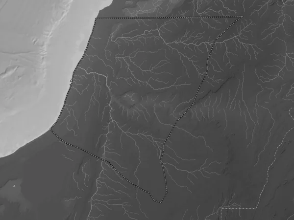 西サハラの州のLaayoune Sakia Hamra 湖や川とグレースケール標高マップ — ストック写真