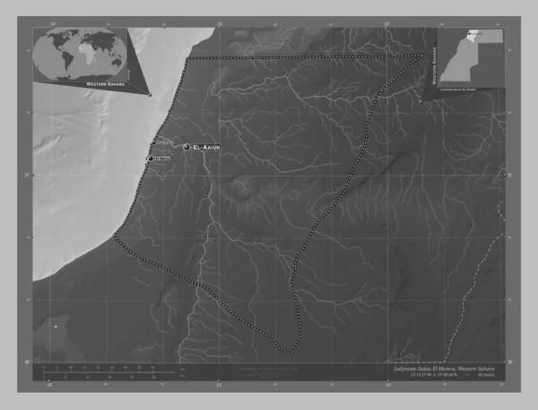 西サハラの州のLaayoune Sakia Hamra 湖や川とグレースケールの標高マップ 地域の主要都市の位置と名前 コーナー補助位置図 — ストック写真