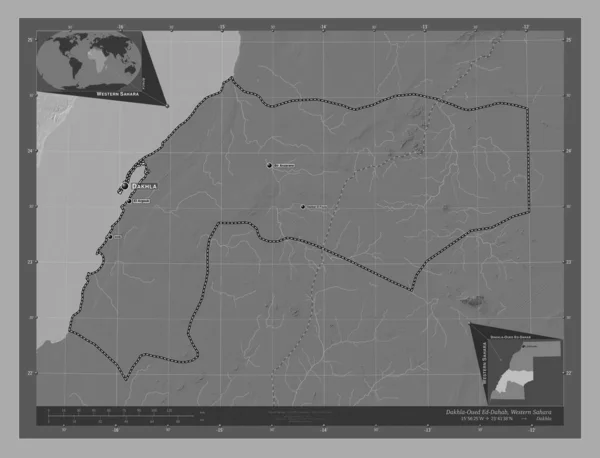 Dakhla Oued Dahab 西撒哈拉省 带湖泊和河流的比尔维尔高程图 该区域主要城市的地点和名称 角辅助位置图 — 图库照片