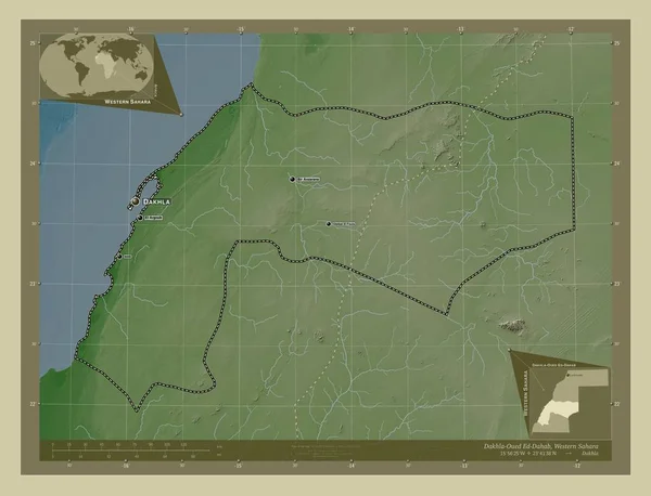 Dakhla Oued Dahab 西撒哈拉省 用Wiki风格绘制的带有湖泊和河流的高程地图 该区域主要城市的地点和名称 角辅助位置图 — 图库照片