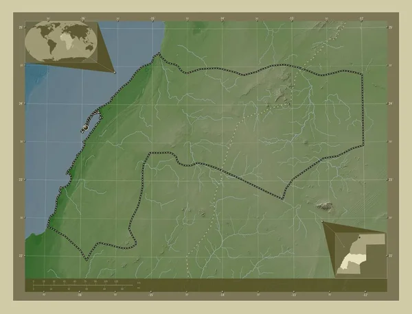 Dakhla Oued Dahab 西撒哈拉省 用Wiki风格绘制的带有湖泊和河流的高程地图 角辅助位置图 — 图库照片