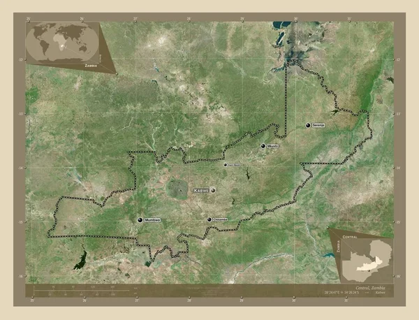 赞比亚中部地区 高分辨率卫星地图 该区域主要城市的地点和名称 角辅助位置图 — 图库照片