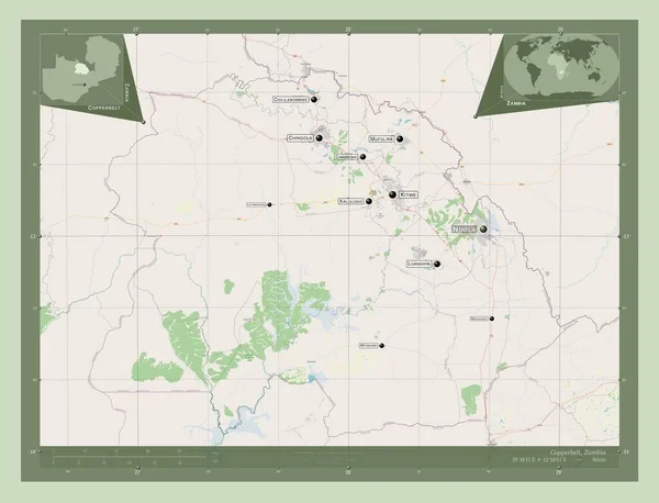 ザンビアのコッパーベルト州 ストリートマップを開く 地域の主要都市の位置と名前 コーナー補助位置図 — ストック写真