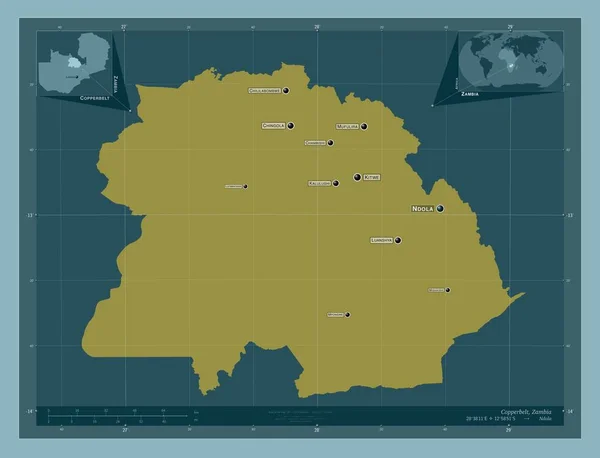 ザンビアのコッパーベルト州 しっかりした色の形 地域の主要都市の位置と名前 コーナー補助位置図 — ストック写真