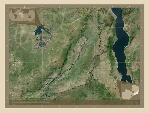 ザンビアの地域 高解像度衛星地図 地域の主要都市の場所 コーナー補助位置図 — ストック写真