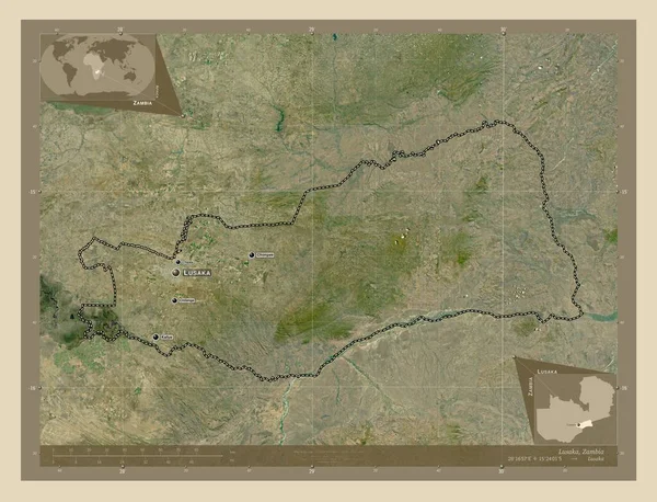 卢萨卡 赞比亚省 高分辨率卫星地图 该区域主要城市的地点和名称 角辅助位置图 — 图库照片