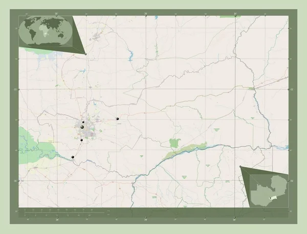ザンビアのルサカ州 ストリートマップを開く 地域の主要都市の場所 コーナー補助位置図 — ストック写真
