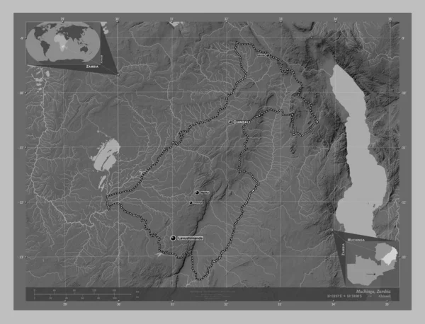 Muchinga Prowincja Zambia Mapa Wzniesień Skali Szarości Jeziorami Rzekami Lokalizacje — Zdjęcie stockowe