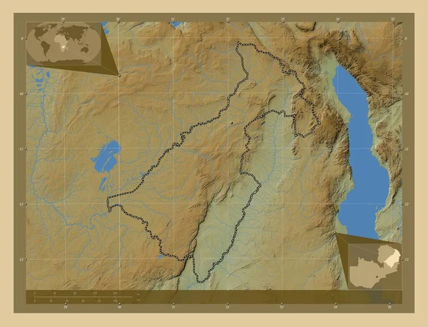 Μουτσίνγκα Επαρχία Της Ζάμπια Χρωματιστός Υψομετρικός Χάρτης Λίμνες Και Ποτάμια — Φωτογραφία Αρχείου
