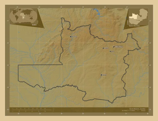 ザンビアの北西部に位置する 湖や川と色の標高マップ 地域の主要都市の位置と名前 コーナー補助位置図 — ストック写真