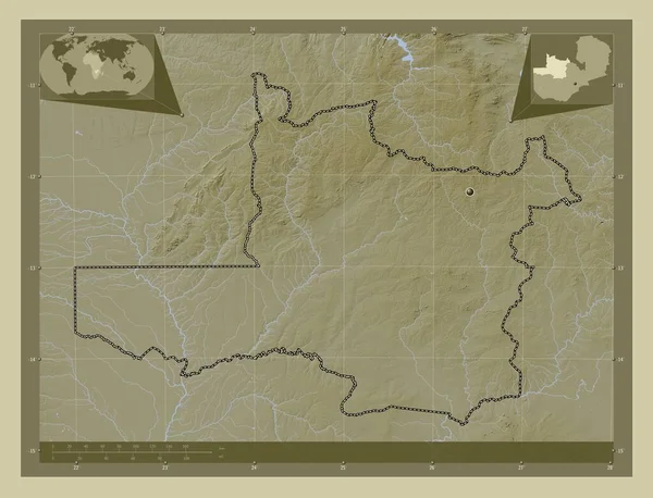 赞比亚省西北部 用Wiki风格绘制的带有湖泊和河流的高程地图 角辅助位置图 — 图库照片