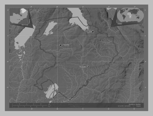 Northern, region of Zambia. Grayscale elevation map with lakes and rivers. Locations and names of major cities of the region. Corner auxiliary location maps