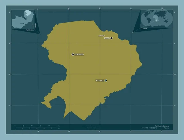ザンビアの地域 しっかりした色の形 地域の主要都市の位置と名前 コーナー補助位置図 — ストック写真
