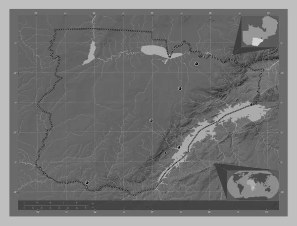 Southern Region Zambia Grayscale Elevation Map Lakes Rivers Locations Major — Stock Photo, Image