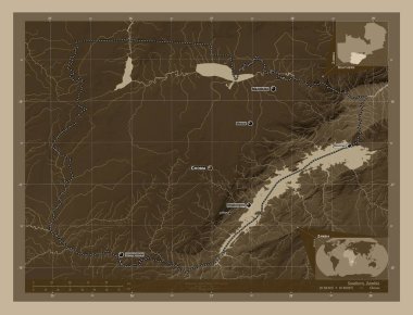 Güney, Zambiya bölgesi. Yükseklik haritası sepya tonlarında göller ve nehirlerle renklendirilmiş. Bölgenin büyük şehirlerinin yerleri ve isimleri. Köşedeki yedek konum haritaları