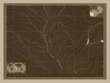 Batı, Zambiya bölgesi. Yükseklik haritası sepya tonlarında göller ve nehirlerle renklendirilmiş. Köşedeki yedek konum haritaları