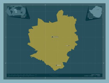 Harare, Zimbabwe şehri. Katı renk şekli. Bölgenin büyük şehirlerinin yerleri ve isimleri. Köşedeki yedek konum haritaları