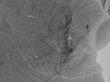 Manicaland, Zimbabwe vilayeti. Gölleri ve nehirleri olan gri tonlama yükseklik haritası