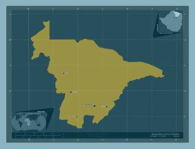 Mashonaland Merkez, Zimbabwe vilayeti. Katı renk şekli. Bölgenin büyük şehirlerinin yerleri ve isimleri. Köşedeki yedek konum haritaları