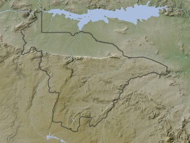 Mashonaland Merkez, Zimbabwe vilayeti. Yükseklik haritası göller ve nehirlerle wiki stilinde renklendirilmiştir