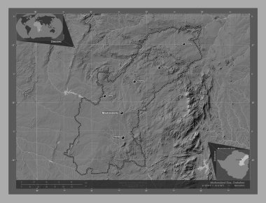 Mashonaland East, Zimbabwe vilayeti. Göllü ve nehirli çift katlı yükseklik haritası. Bölgenin büyük şehirlerinin yerleri ve isimleri. Köşedeki yedek konum haritaları
