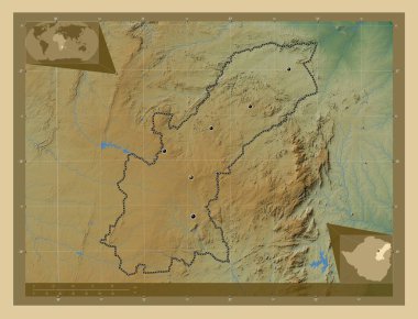 Mashonaland East, Zimbabwe vilayeti. Gölleri ve nehirleri olan renkli yükseklik haritası. Bölgenin büyük şehirlerinin yerleri. Köşedeki yedek konum haritaları