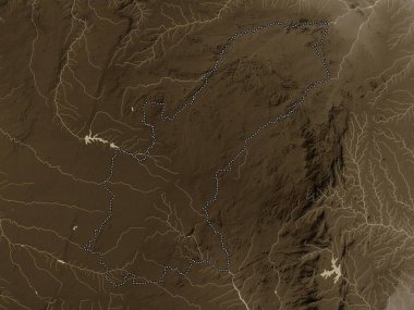 Mashonaland East, Zimbabwe vilayeti. Yükseklik haritası sepya tonlarında göller ve nehirlerle renklendirilmiş