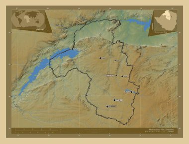 Mashonaland West, Zimbabwe vilayeti. Gölleri ve nehirleri olan renkli yükseklik haritası. Bölgenin büyük şehirlerinin yerleri ve isimleri. Köşedeki yedek konum haritaları