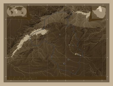 Mashonaland West, Zimbabwe vilayeti. Yükseklik haritası sepya tonlarında göller ve nehirlerle renklendirilmiş. Bölgenin büyük şehirlerinin yerleri. Köşedeki yedek konum haritaları