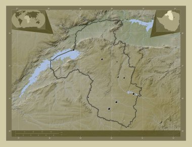 Mashonaland West, Zimbabwe vilayeti. Yükseklik haritası göller ve nehirlerle wiki tarzında renklendirilmiş. Bölgenin büyük şehirlerinin yerleri. Köşedeki yedek konum haritaları