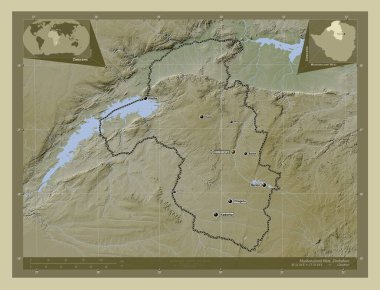 Mashonaland West, Zimbabwe vilayeti. Yükseklik haritası göller ve nehirlerle wiki tarzında renklendirilmiş. Bölgenin büyük şehirlerinin yerleri ve isimleri. Köşedeki yedek konum haritaları