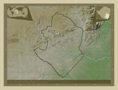 Masvingo, Zimbabwe vilayeti. Yükseklik haritası göller ve nehirlerle wiki tarzında renklendirilmiş. Köşedeki yedek konum haritaları