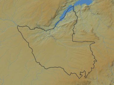 Matabeleland North, Zimbabwe vilayeti. Gölleri ve nehirleri olan renkli yükseklik haritası