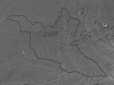 Güney Matabeleland, Zimbabwe vilayeti. Gölleri ve nehirleri olan gri tonlama yükseklik haritası