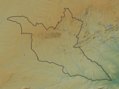 Güney Matabeleland, Zimbabwe vilayeti. Gölleri ve nehirleri olan renkli yükseklik haritası