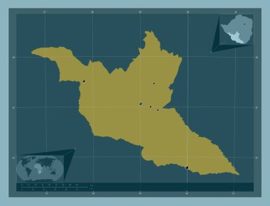 Güney Matabeleland, Zimbabwe vilayeti. Katı renk şekli. Bölgenin büyük şehirlerinin yerleri. Köşedeki yedek konum haritaları